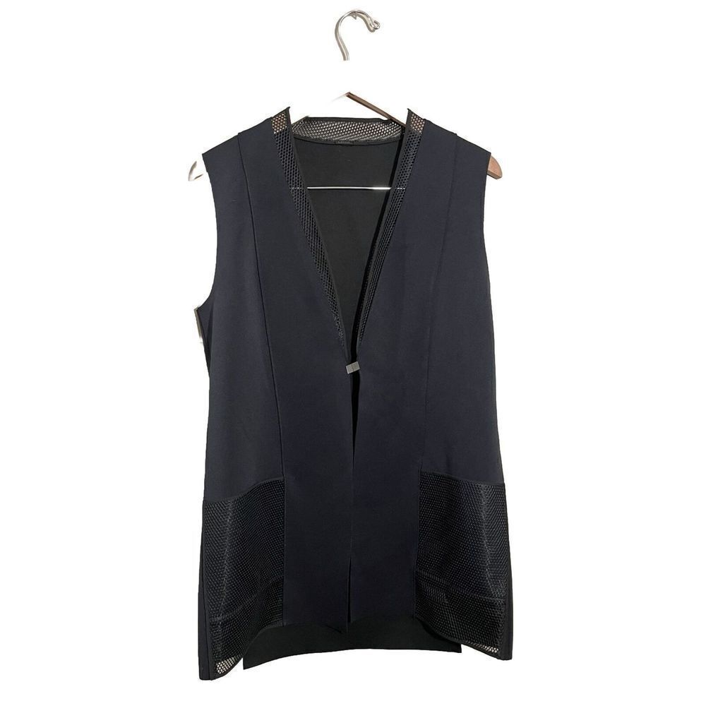 Elie Tahari Neoprene Vest Women’s Medium Sheer Mesh‎ Pockets Sleek Navy Blue